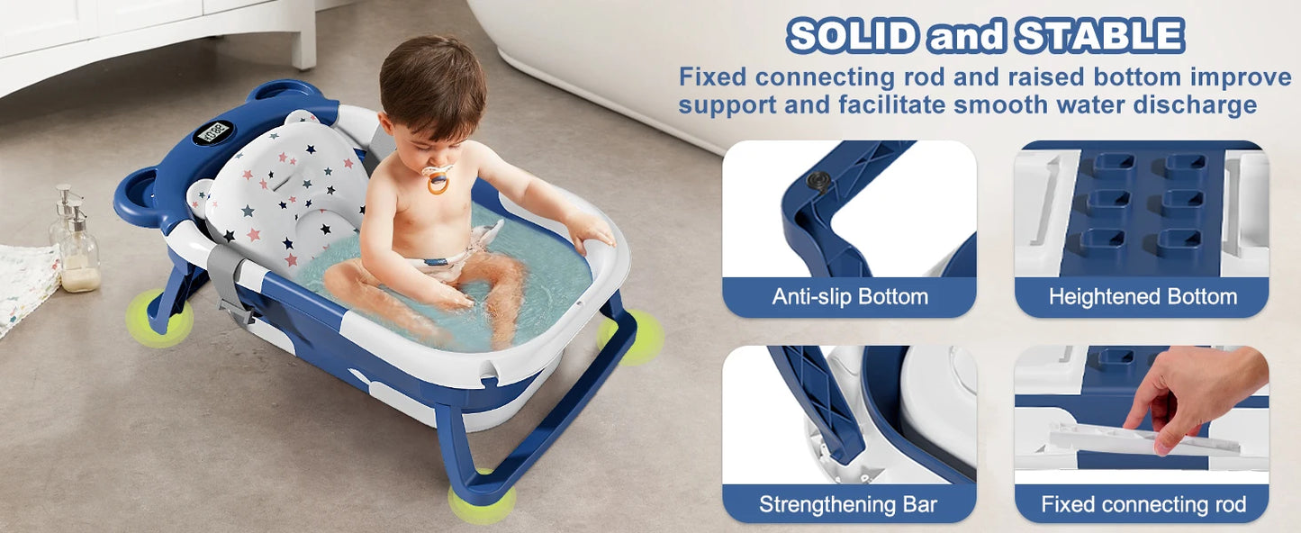Baby Bathtub for Newborns with Drain Hole, Foldable Toddler Bathtub with Soft Padding, Portable Travel Bathtub