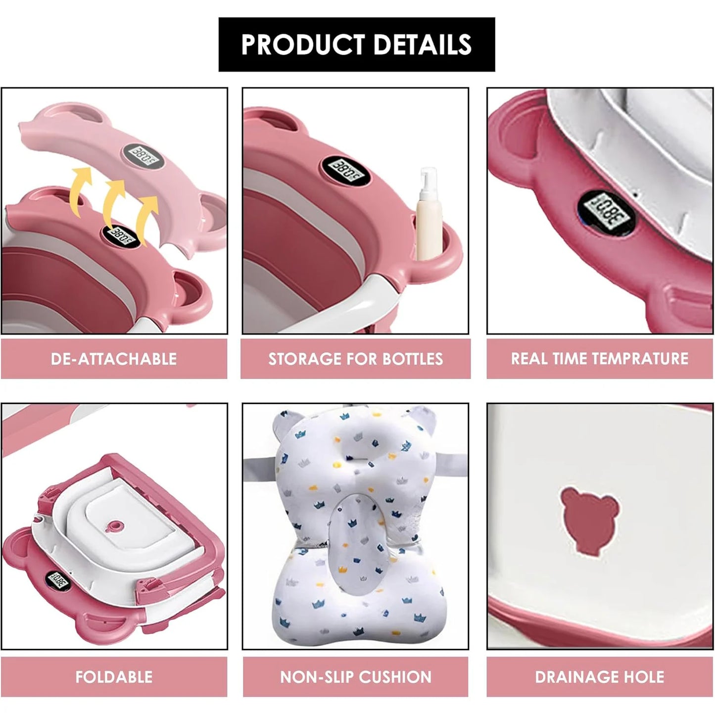 Baby Bathtub for Newborns with Drain Hole, Foldable Toddler Bathtub with Soft Padding, Portable Travel Bathtub