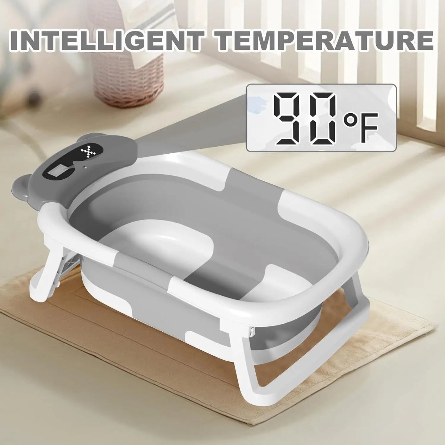 Eco-friendly Baby BathTub with Bath Cushion,Foldable Bathtub Portable with Temperature Indicator Infant Tub for 0-36 Months Baby