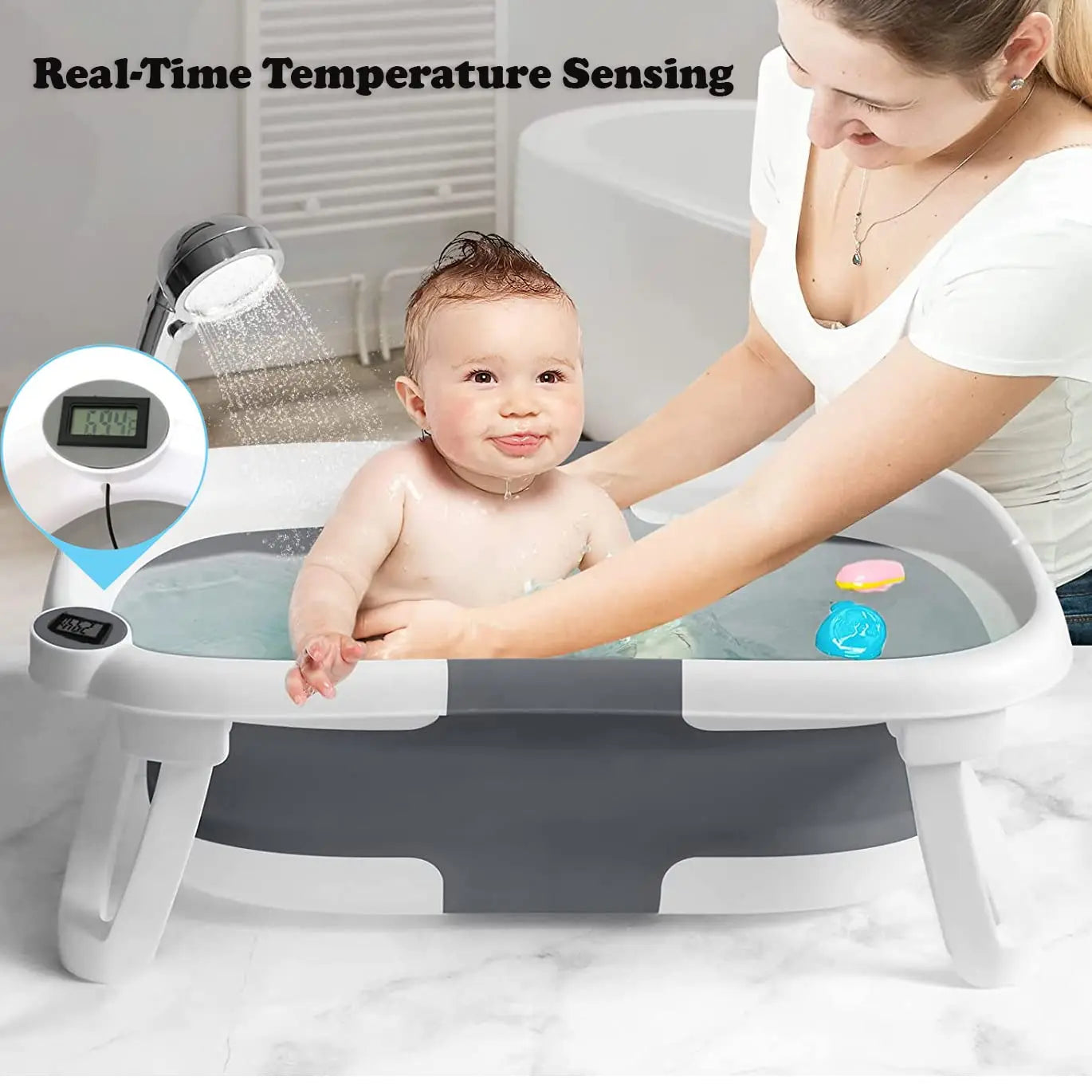 Eco-friendly Baby BathTub with Bath Cushion,Foldable Bathtub Portable with Temperature Indicator Infant Tub for 0-36 Months Baby
