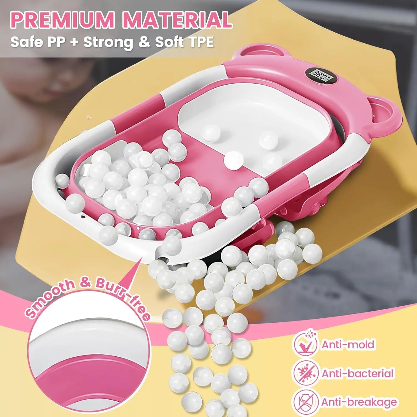 Baby Bathtub for Newborns with Drain Hole, Foldable Toddler Bathtub with Soft Padding, Portable Travel Bathtub