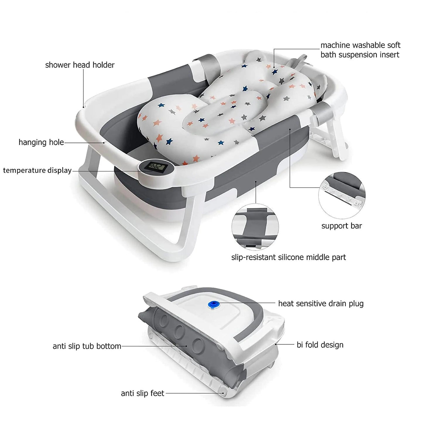 Eco-friendly Baby BathTub with Bath Cushion,Foldable Bathtub Portable with Temperature Indicator Infant Tub for 0-36 Months Baby