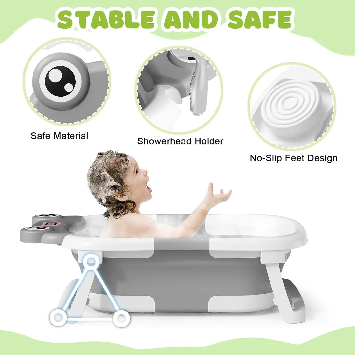 Eco-friendly Baby BathTub with Bath Cushion,Foldable Bathtub Portable with Temperature Indicator Infant Tub for 0-36 Months Baby