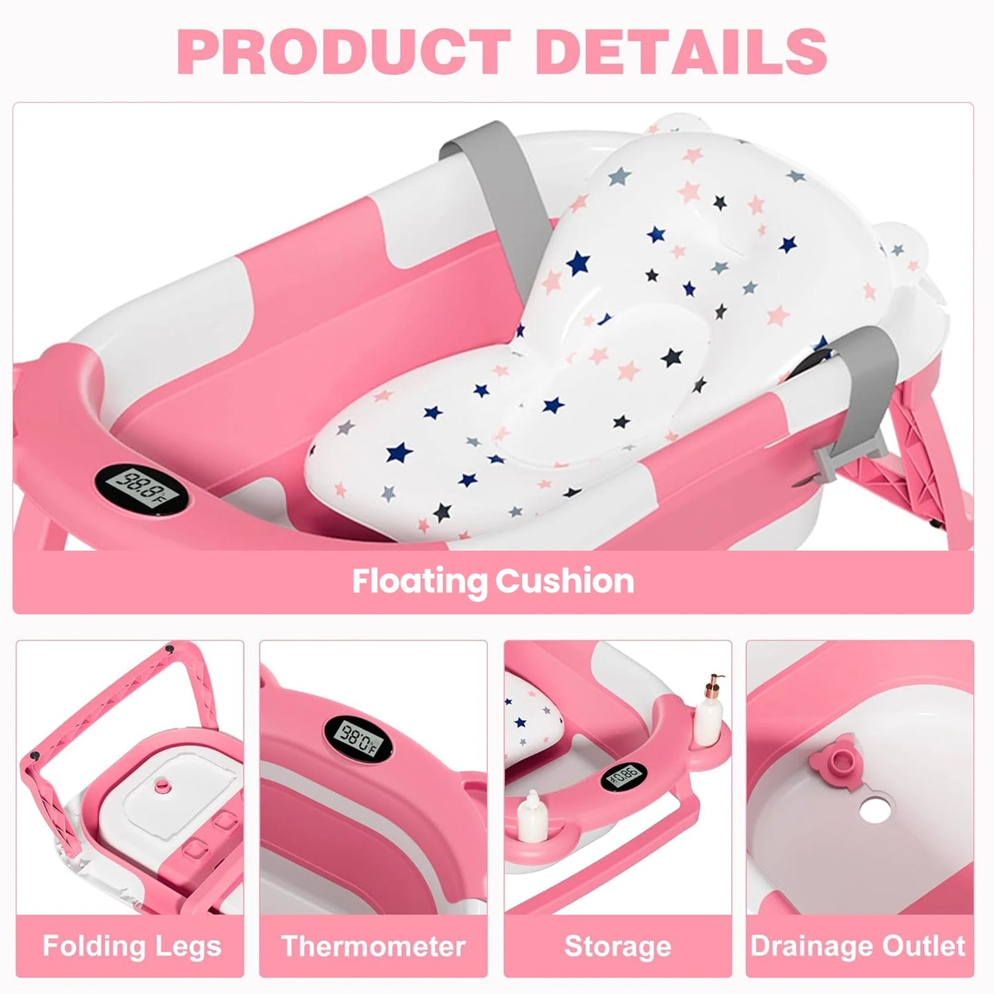 Baby Bathtub for Newborns with Drain Hole, Foldable Toddler Bathtub with Soft Padding, Portable Travel Bathtub