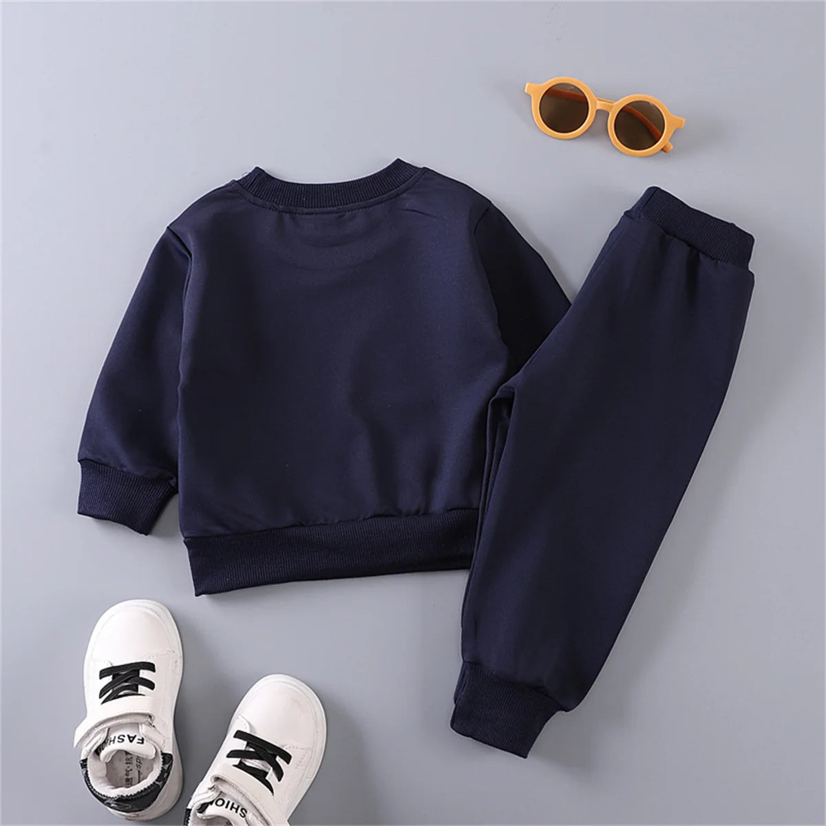 2PCS Spring and Autumn Baby Children's Long sleeved Simple Solid Color Polyester Little Bear Embroidered Hoodie Set of Two