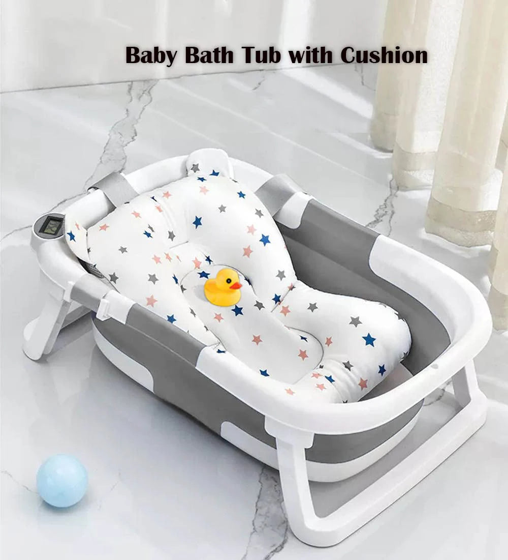 Eco-friendly Baby BathTub with Bath Cushion,Foldable Bathtub Portable with Temperature Indicator Infant Tub for 0-36 Months Baby