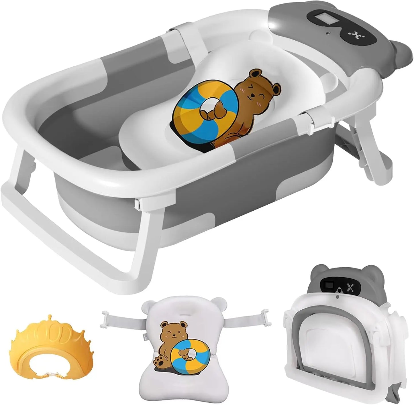 Eco-friendly Baby BathTub with Bath Cushion,Foldable Bathtub Portable with Temperature Indicator Infant Tub for 0-36 Months Baby