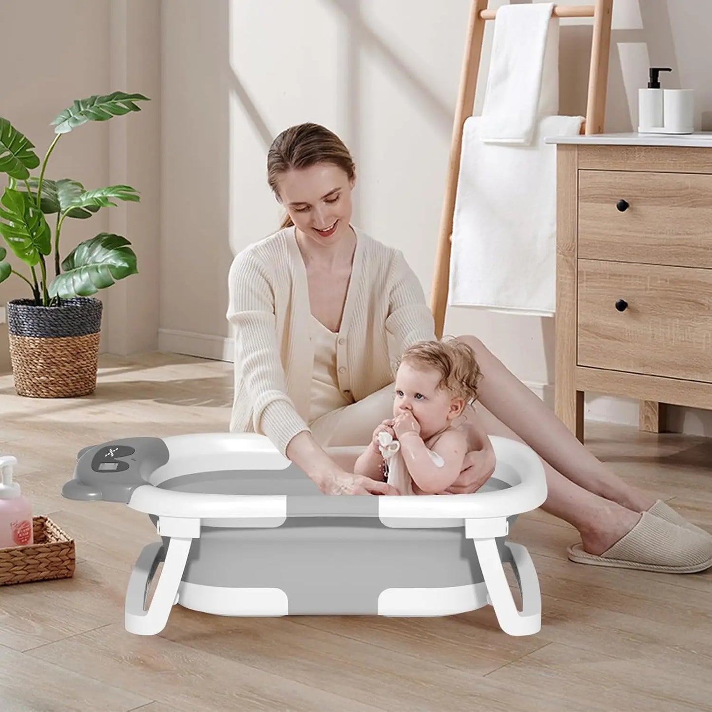 Eco-friendly Baby BathTub with Bath Cushion,Foldable Bathtub Portable with Temperature Indicator Infant Tub for 0-36 Months Baby