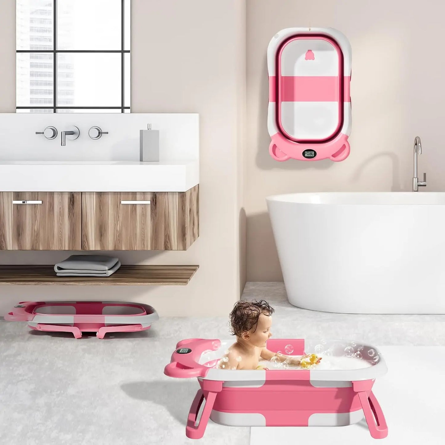 Baby Bathtub for Newborns with Drain Hole, Foldable Toddler Bathtub with Soft Padding, Portable Travel Bathtub