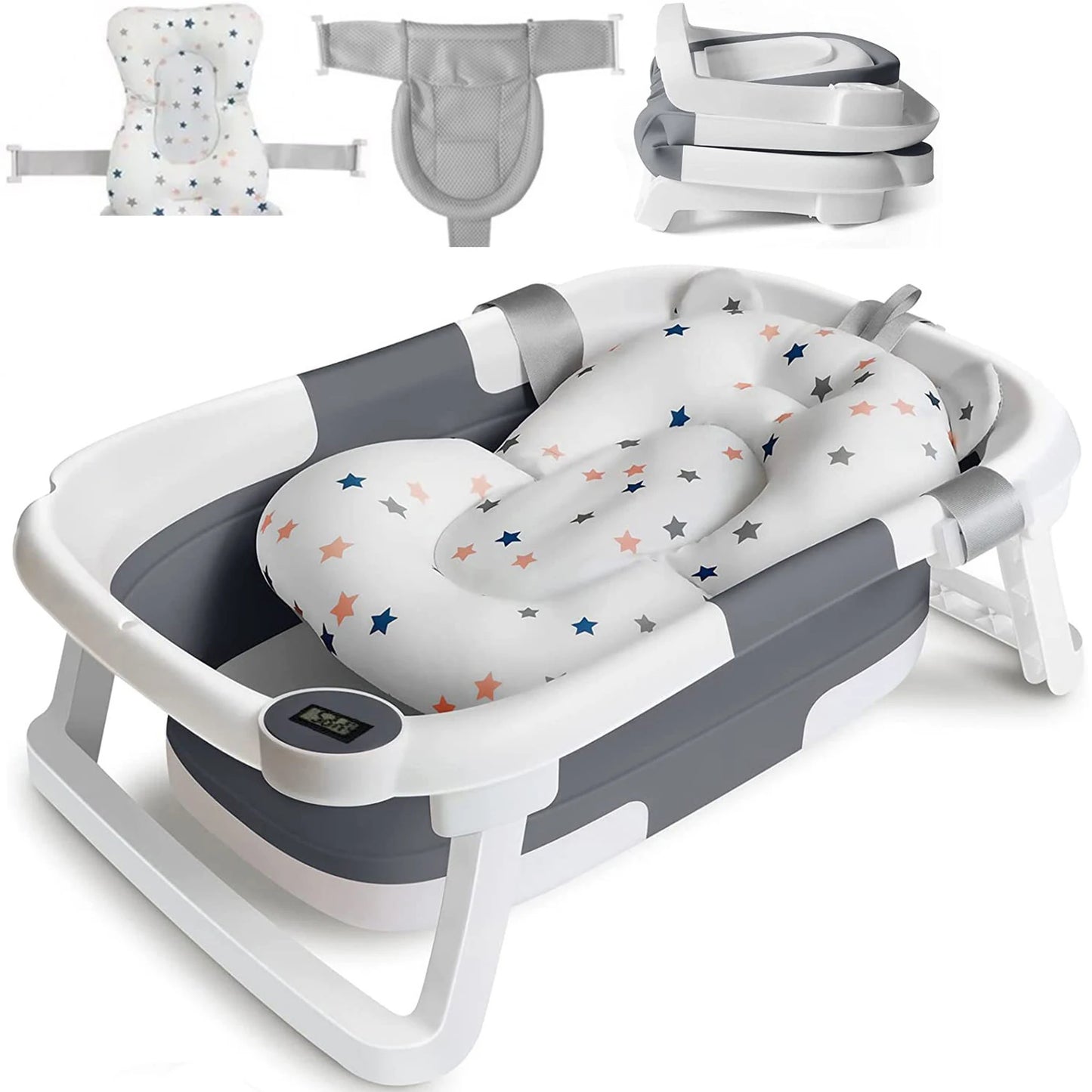Eco-friendly Baby BathTub with Bath Cushion,Foldable Bathtub Portable with Temperature Indicator Infant Tub for 0-36 Months Baby