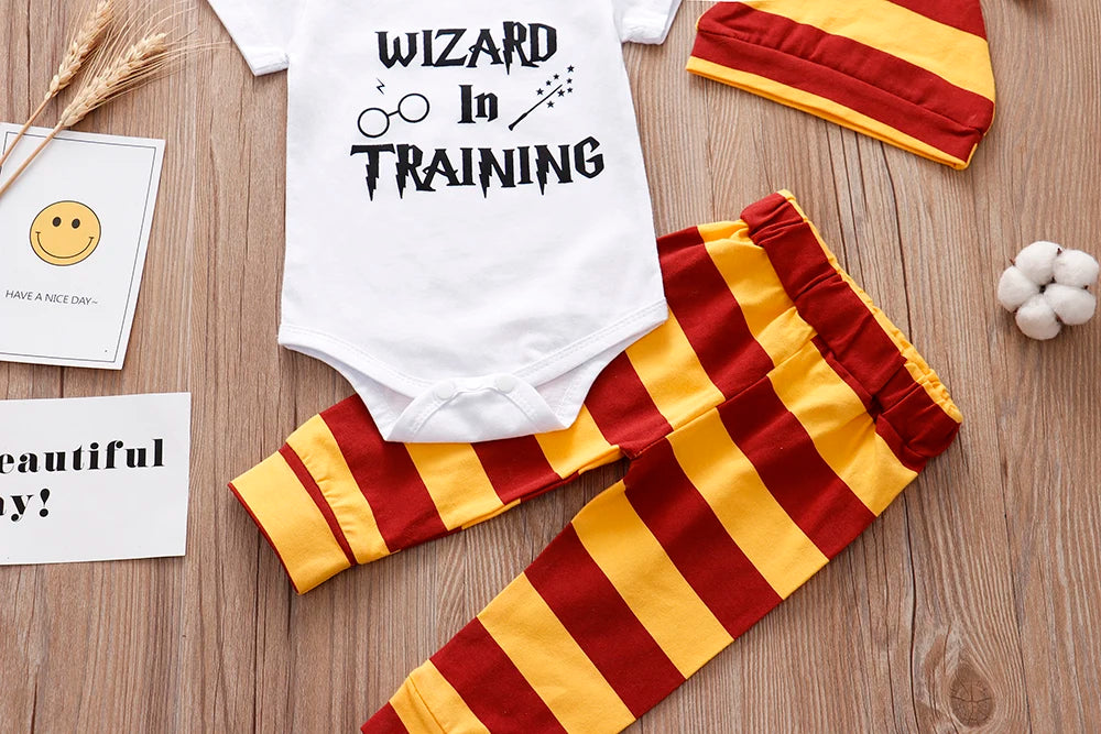 Newborn Baby Clothes 3 Pieces Sets 2023 Halloween Little Wizard Tops+Pants+Hat Toddler Babe Boy Girl Outfits